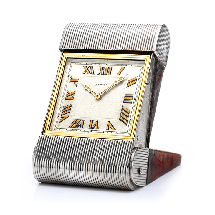 FD Gallery A Silver, Leather and Steel Desk Clock, by Cartier