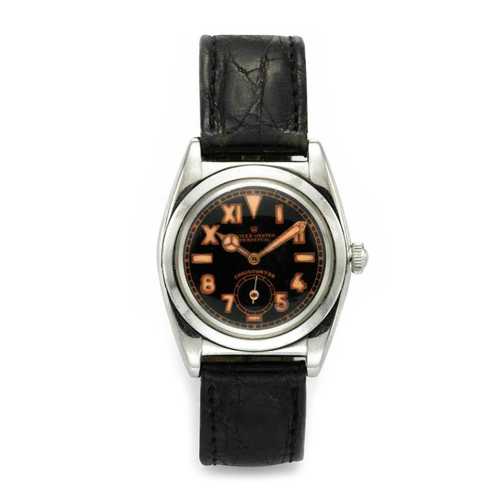 Rolex: A Black Dial Bubble Back Steel Wristwatch, circa 1940