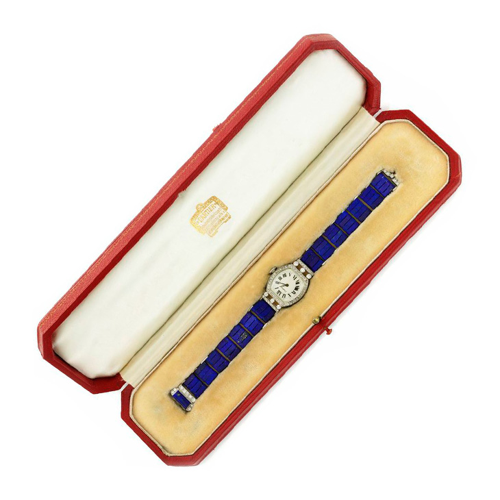 An Art Deco Lapis Lazuli and Diamond Wrist Watch, by Cartier, circa 1925