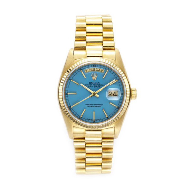 Rolex Gold Date Just Ref: 1803 Oyster Perpetual ‘Stella’ Wristwatch with Blue Lacqured Dial, circa 1970s