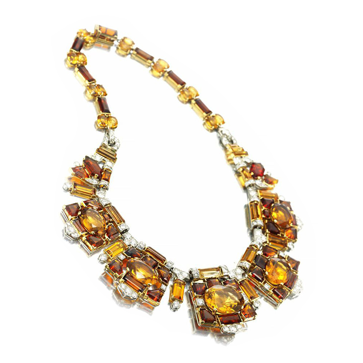 A Retro Citrine, Diamond and Gold Necklace, with maker's mark for Cartier London, by Cartier, circa 1940