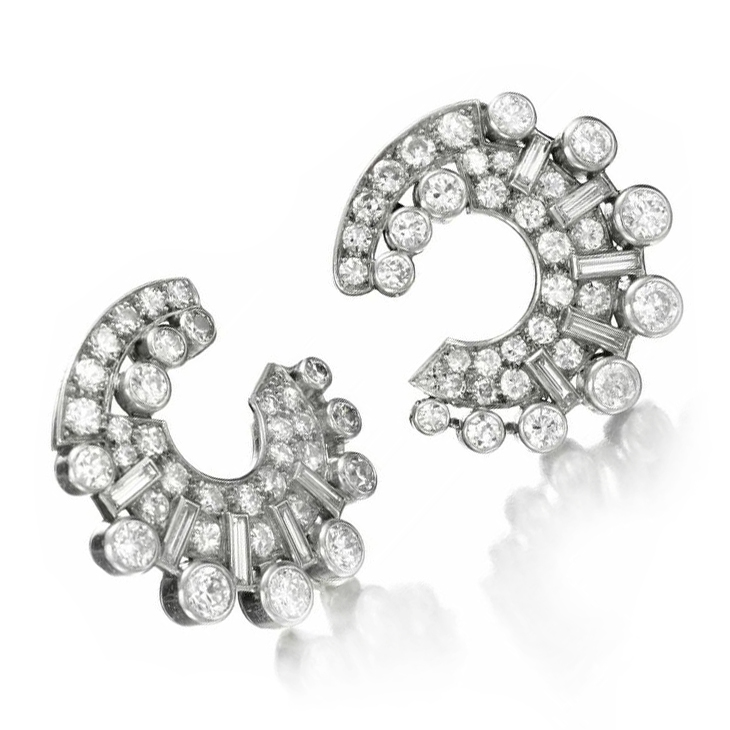 A Pair of Art Deco Diamond and Platinum Creole Hoop Ear Clips, by Van Cleef & Arpels, circa 1935