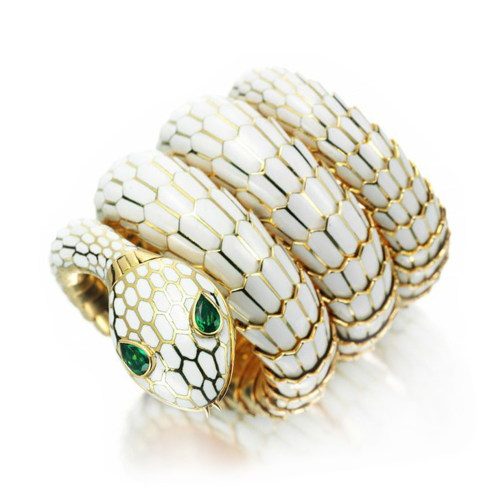 A White Enamel, Gold and Emerald 'Serpenti' Wristwatch, by Bulgari, circa 1965