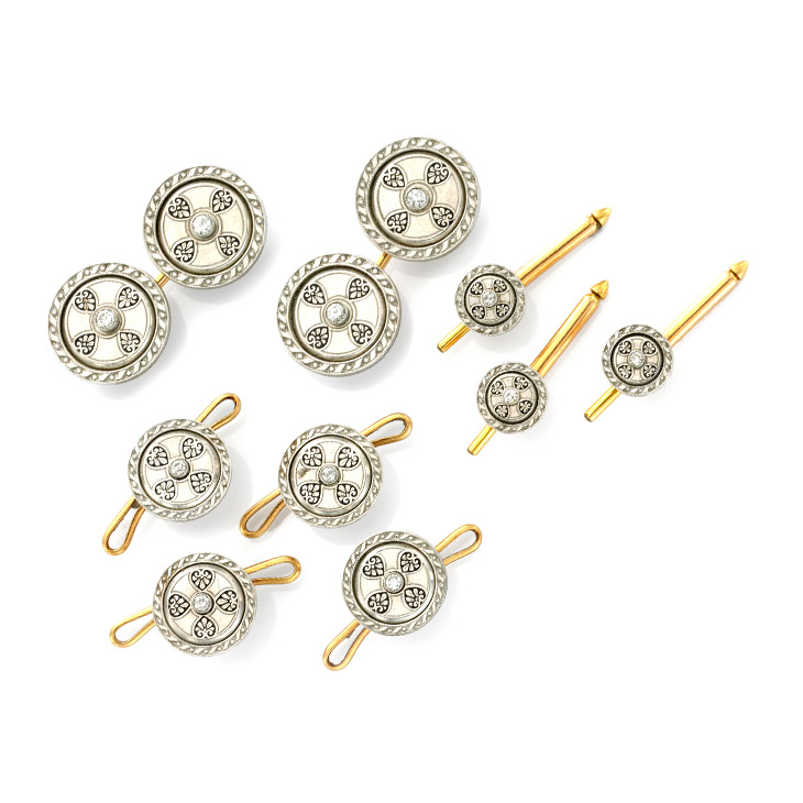 An Art Deco Platinum, Enamel and Diamond Dress-set, circa 1920