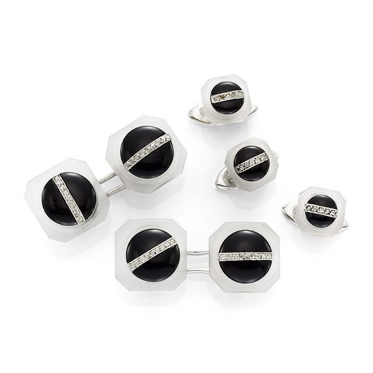 An Art Deco Rock Crystal, Onyx and Diamond Dress-set, circa 1920