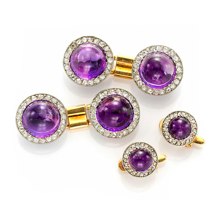An Antique Cabochon Amethyst and Diamond Dress Set, 19th Century