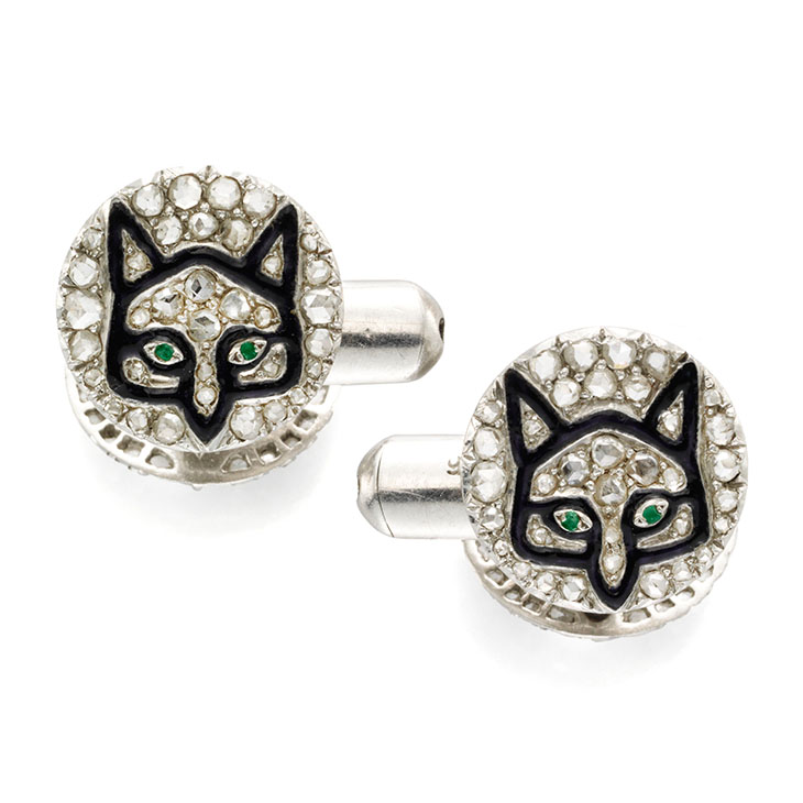 A Pair of Emerald, Enamel and Diamond Cufflinks, by Charles Holl, circa 1920
