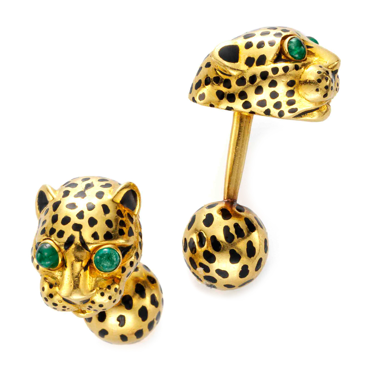 A Pair of Emerald, Enamel and Gold Tiger Cufflinks, by David Webb