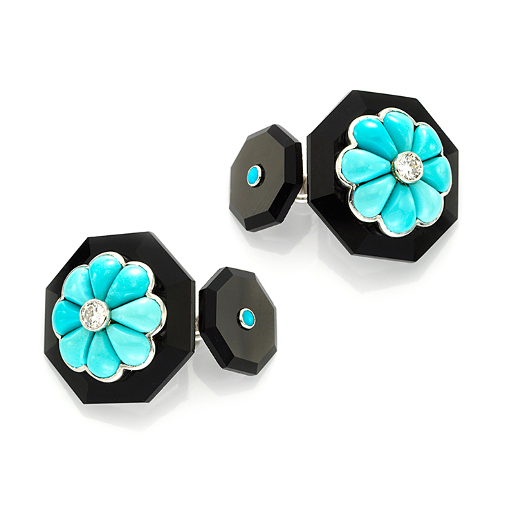 A Pair of Turquoise, Diamond and Onyx Cufflinks, by Bhagat