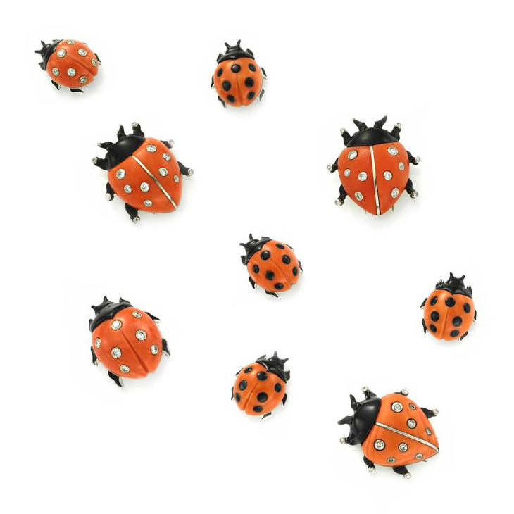 A Set of Enamel, Diamond and Coral Ladybug Pins, by Cartier, circa 1960