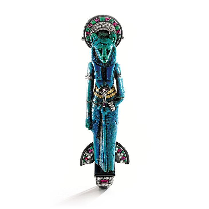 A Colored Stone, Diamond and Enamel Faience ‘Sekhmet’ Brooch, by Cartier, circa 1925