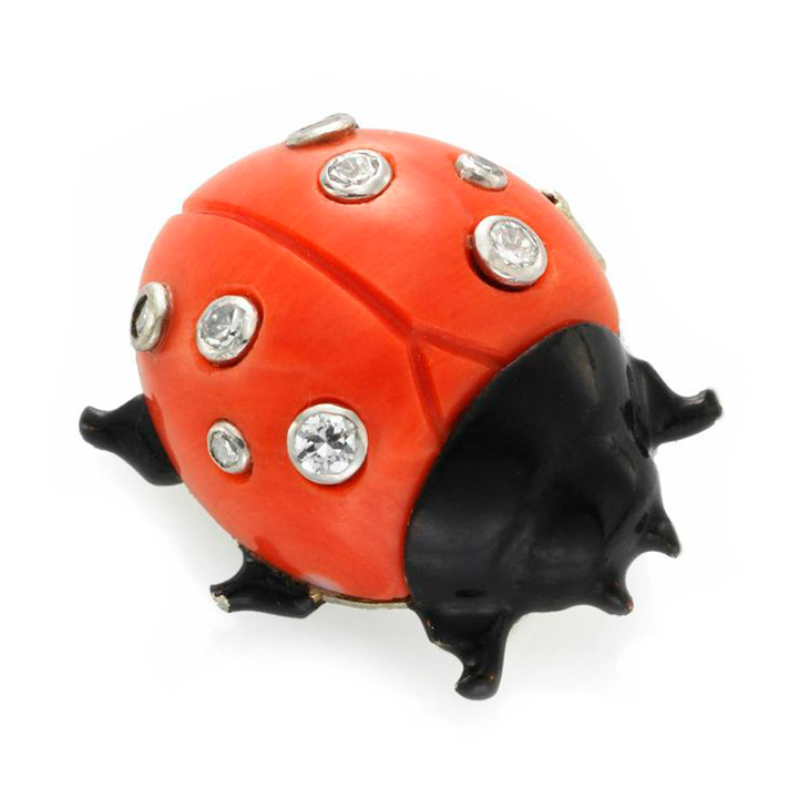 A Carved Coral, Enamel and Diamond Ladybug Brooch, by Cartier, circa 1955