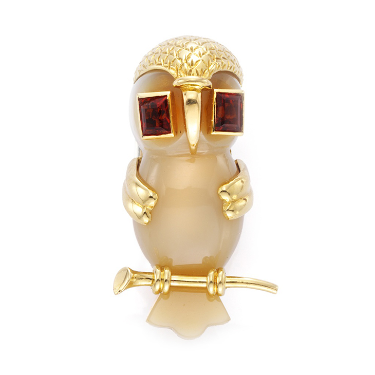 A Garnet, Agate and Gold Owl Brooch, by Cartier, circa 1960
