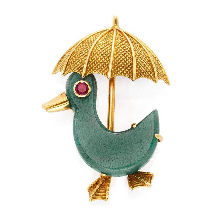 A Ruby and Aventurine Quartz Duck Brooch, by Cartier, circa 1960