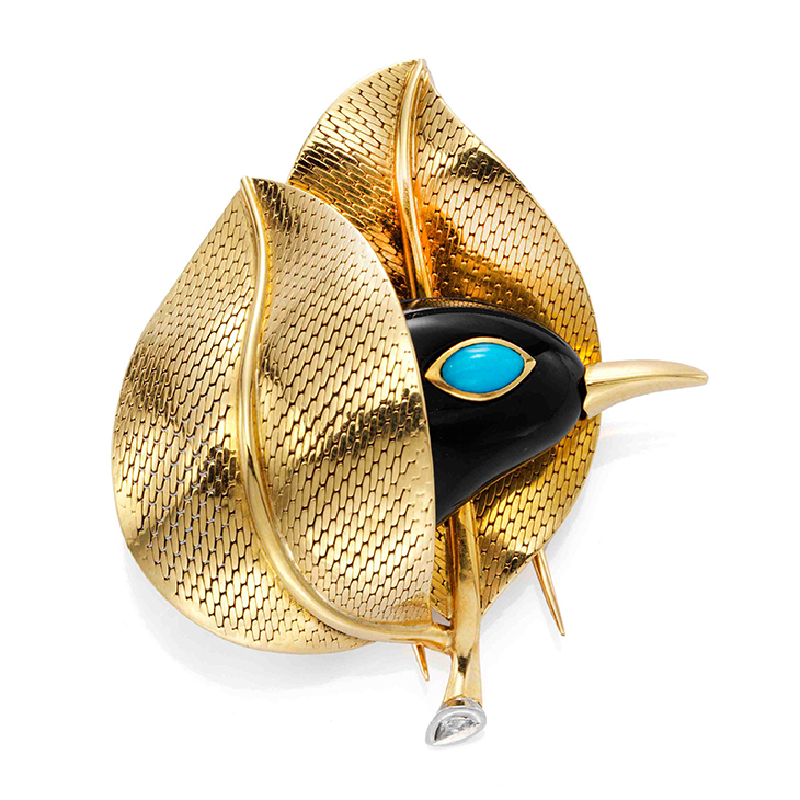 A Turquoise and Gold Bird Brooch, by Cartier