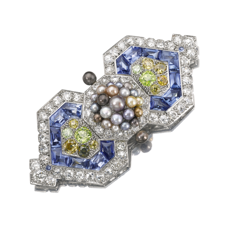 An Art Deco Natural Pearl, Sapphire and Diamond Brooch, by Cartier, circa 1926