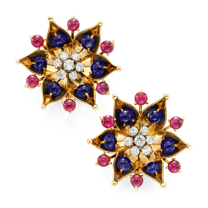 A Pair of Retro Sapphire, Ruby and Diamond Ear Clips, by Cartier, circa 1940
