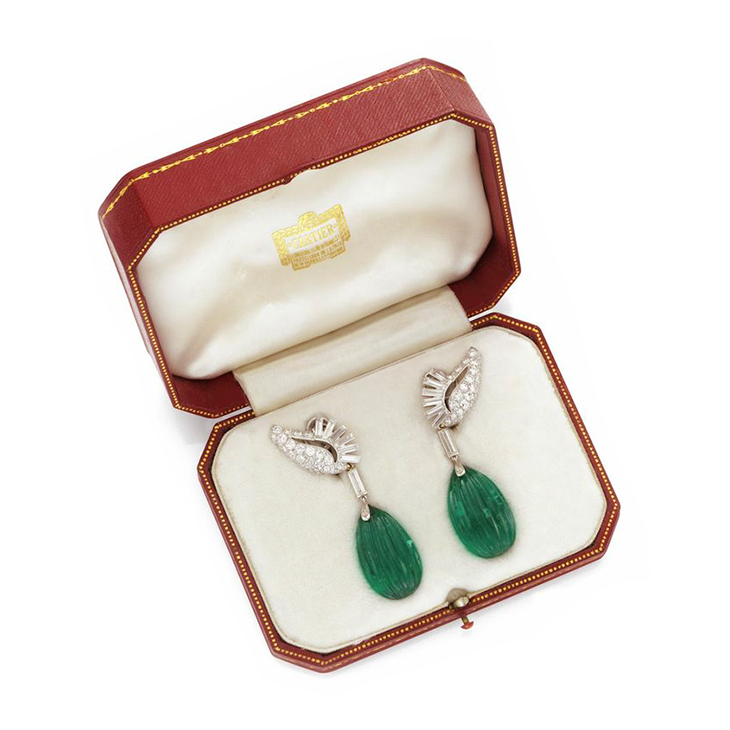 A Pair of Fluted Emerald and Diamond Ear Pendants, weighing approximately 70.00 carats, by Cartier, circa 1960