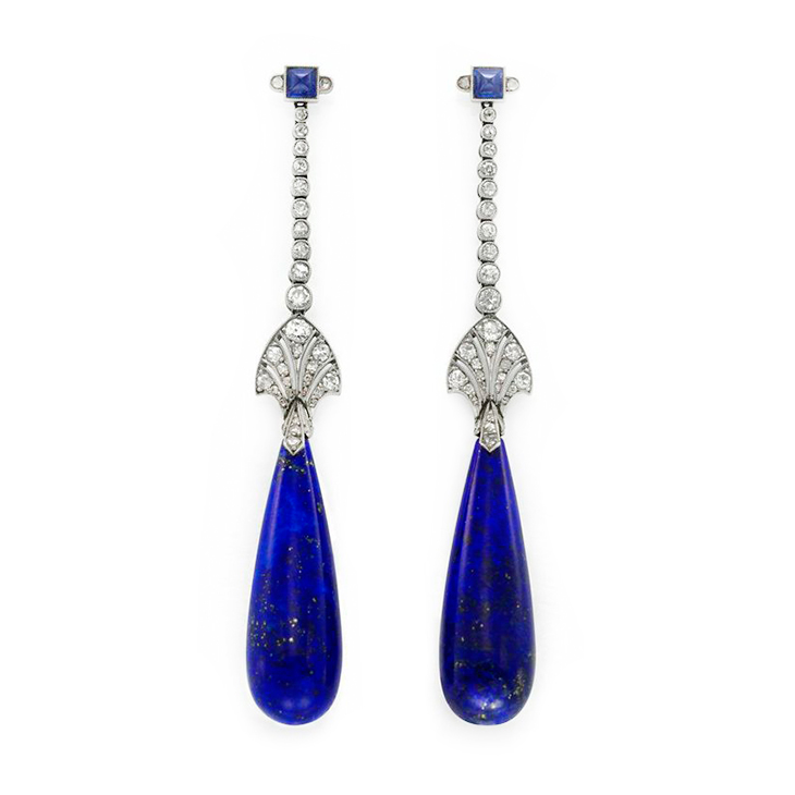 A Pair of Art Deco Lapis Lazuli and Diamond Ear Pendants, by Cartier, circa 1930