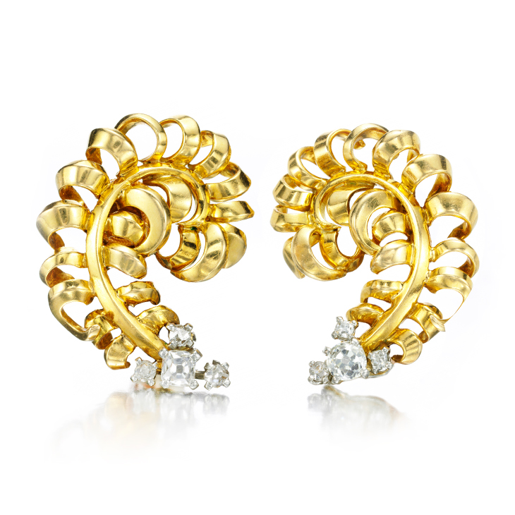 A Pair of Retro Gold and Diamond Feather Ear Clips, by Cartier, circa 1935