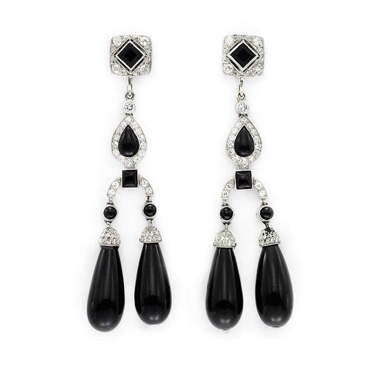 A Pair of Art Deco Onyx and Diamond Ear Pendants, by Cartier, circa 1925