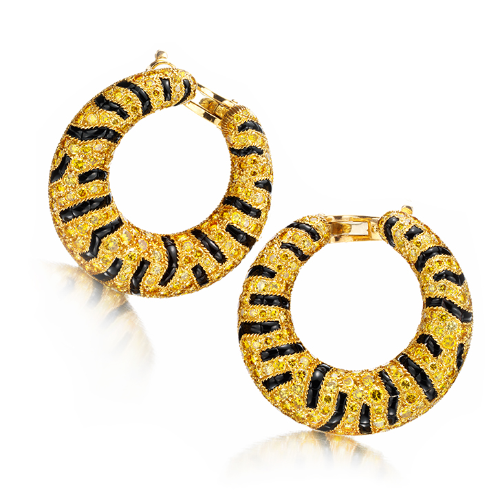 A Pair of Colored Diamond and Onyx Tiger Ear Clips, by Cartier, circa 1987