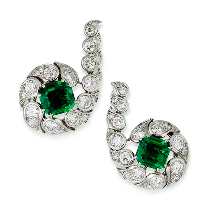 A Pair of Emerald and Diamond Ear Clips, by Cartier, circa 1950
