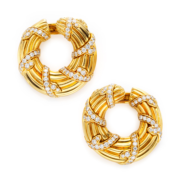 A Pair of Diamond and Gold Creole Ear Clips, by Cartier