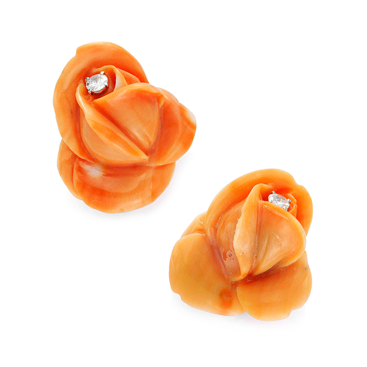 A Pair of Coral and Diamond Rosebud Ear Clips, by Cartier