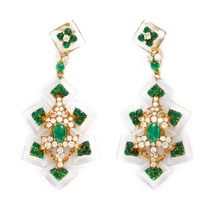 A Pair of Emerald, Rock Crystal and Diamond Ear Pendants, by Cartier