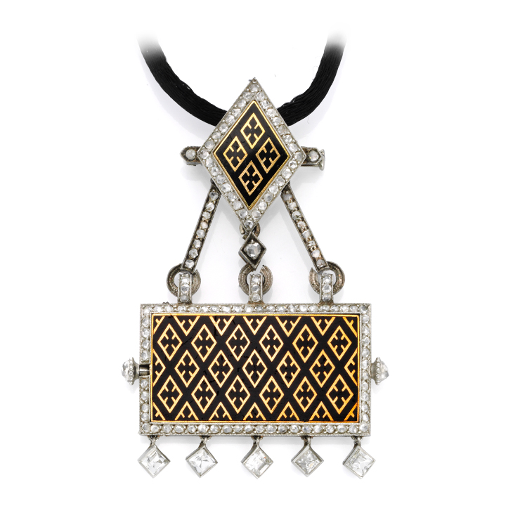 An Art Deco Enamel, by Cartier, Gold and Diamond Watch Pendant Necklace, circa 1920