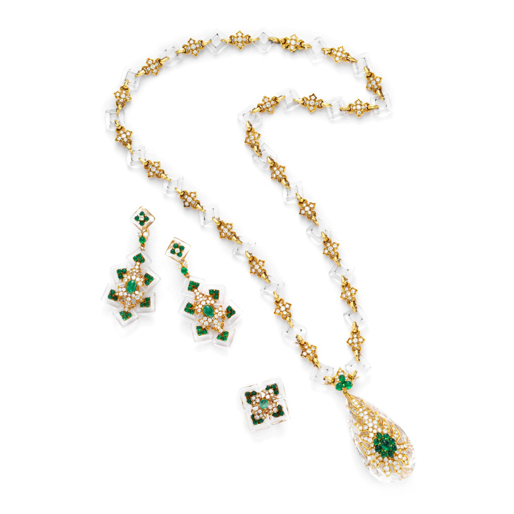 A Rock Crystal, Emerald and Diamond Sautoir and Ear Pendants, by Cartier