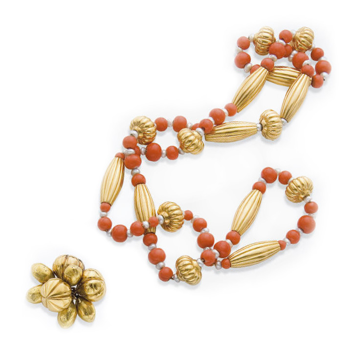 A Coral and Gold Sautoir, by Cartier