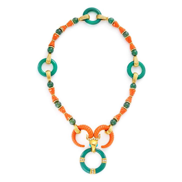 A Coral, Chalcedony and Turquoise Ram Necklace, by Cartier, circa 1975