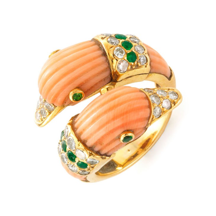 A Coral, Emerald and Diamond Swans Ring, by Van Cleef & Arpels, circa 1970