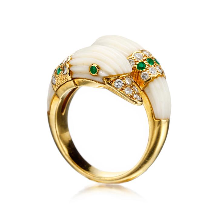 A Coral, Tsavorite and Diamond Double Swan Ring, by Van Cleef & Arpels, circa 1970