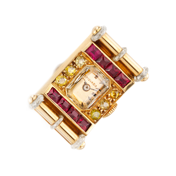 A Retro Ruby, Gold and Diamond Ring Watch, by Van Cleef & Arpels, circa 1940