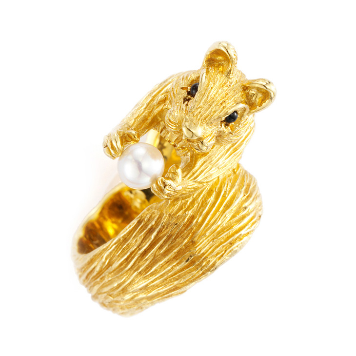 A Gold and Cultured Pearl Squirrel Ring, by Van Cleef & Arpels