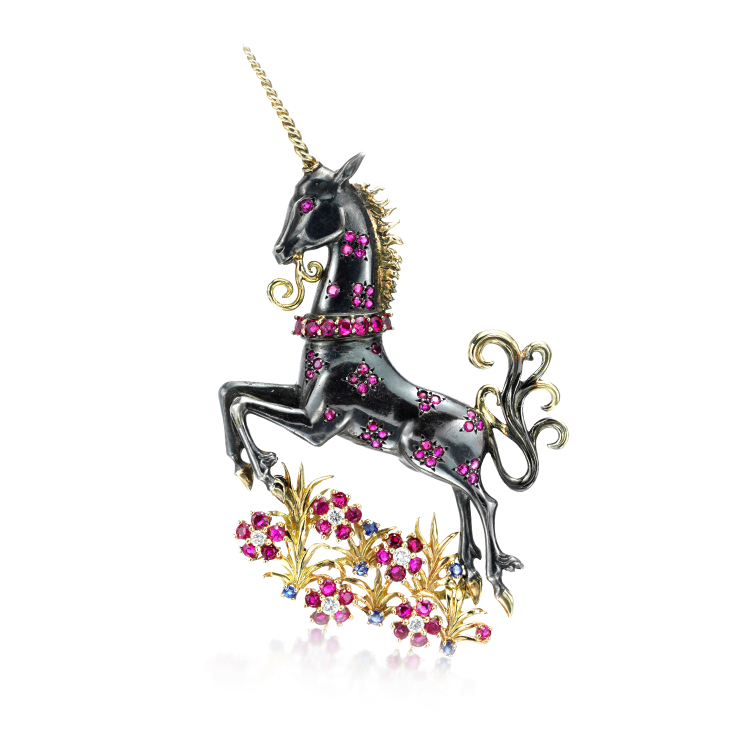 A Gold, Silver, Ruby and Diamond Unicorn Brooch, by Van Cleef & Arpels, circa 1945