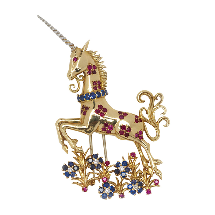 A Retro Multi-gem and Gold Unicorn Brooch, Van Cleef & Arpels