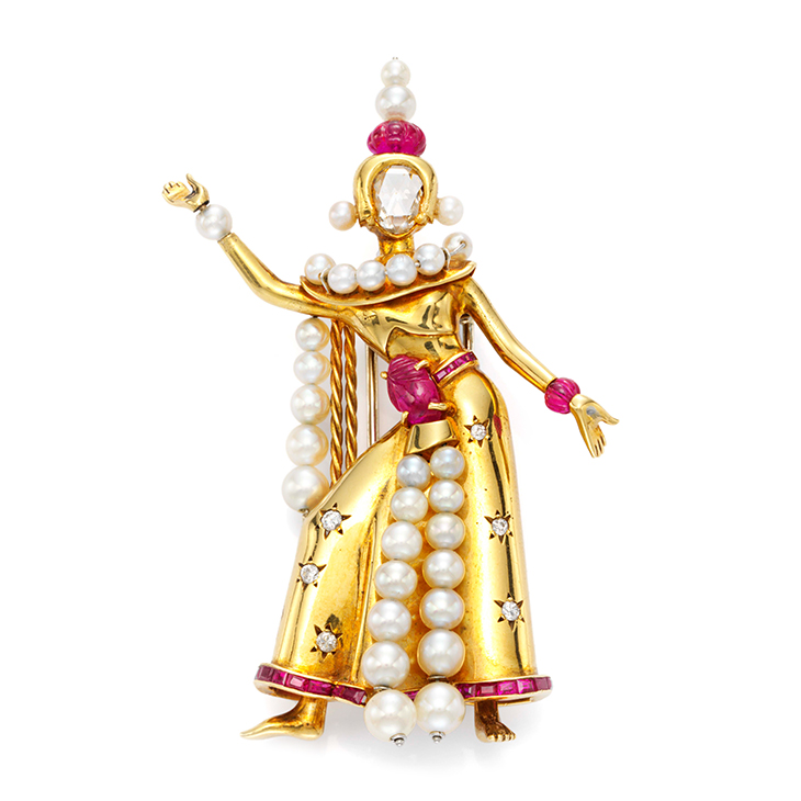 A Retro Ruby, Pearl and Diamond ‘Thai Dancer’ Brooch, by Van Cleef & Arpels, circa 1945