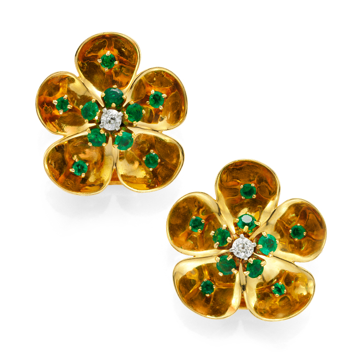 A Pair of Retro Emerald and Diamond Flower Ear Clips, by Van Cleef & Arpels, circa 1940