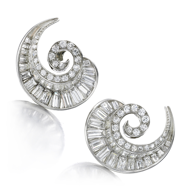 A Pair of Diamond and Platinum Spiral Ear Clips, by Van Cleef & Arpels, circa 1940