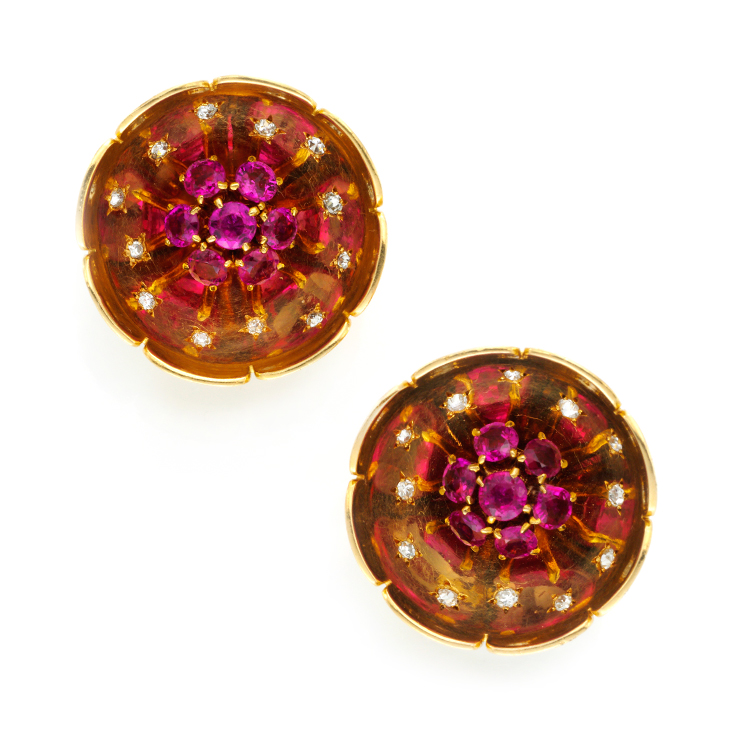 A Pair of Retro Ruby and Diamond Flower Ear Clips, by Van Cleef & Arpels, circa 1940