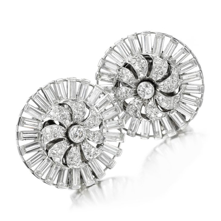 A Pair of Diamond and Platinum Pin Wheel Ear Clips, by Van Cleef & Arpels, circa 1974