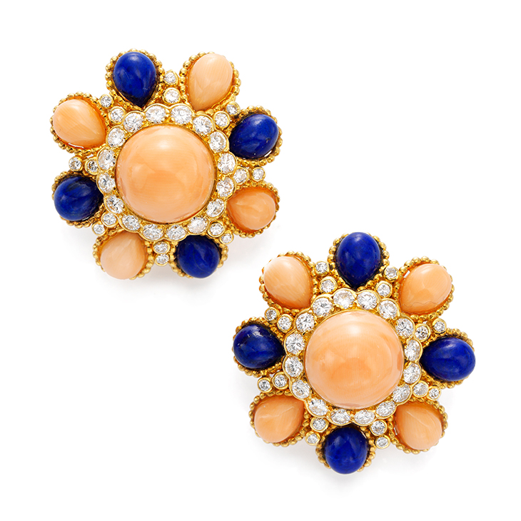 A Pair of Coral, Lapis Lazuli and Diamond Ear Clips, by Van Cleef & Arpels, circa 1960