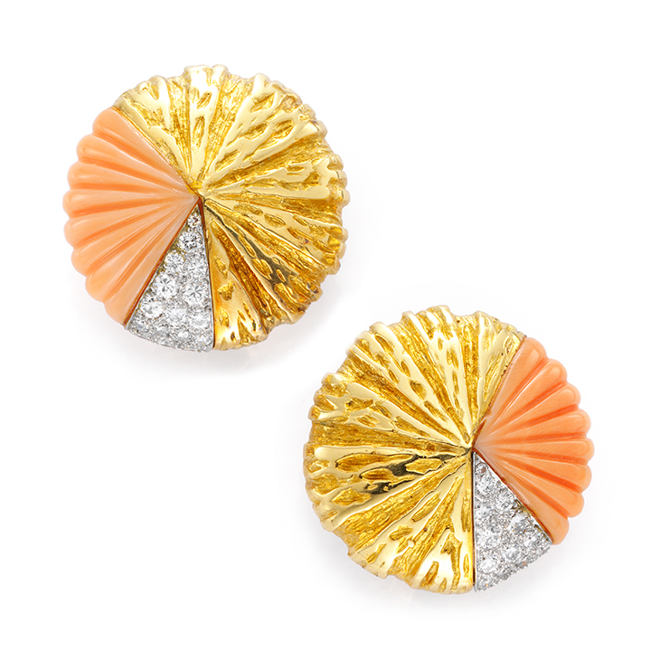 A Pair of Coral, Diamond and Gold Ear Clips, by Van Cleef & Arpels, circa 1970