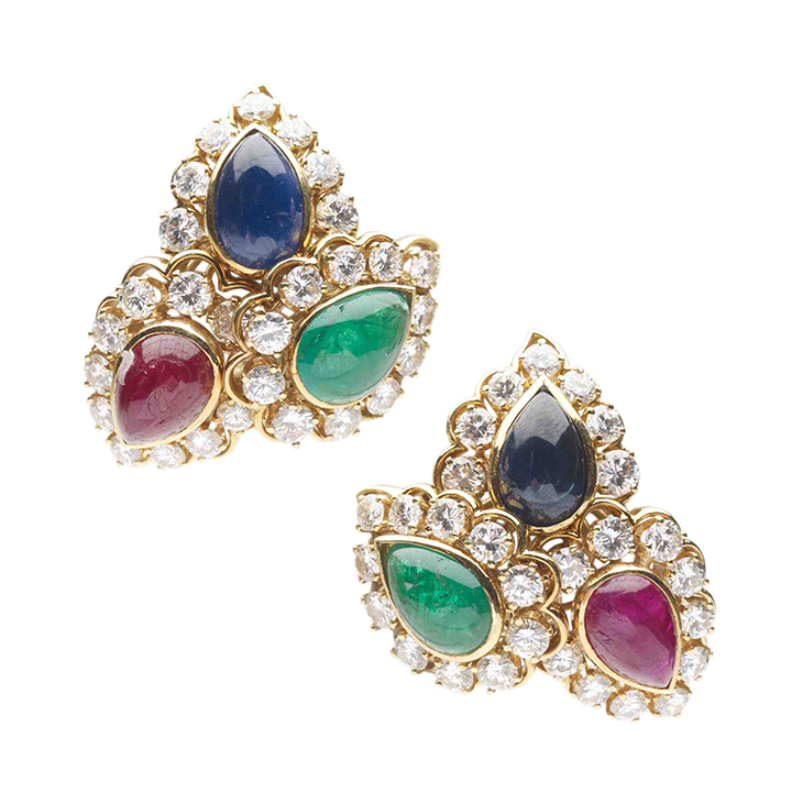 A Pair of Cabochon Sapphire, Emerald, Ruby and Diamond Ear Clips, by Van Cleef & Arpels, circa 1960