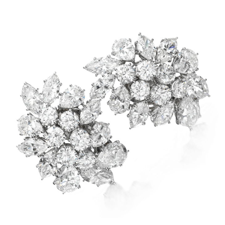 A Pair of Diamond Cluster Ear Clips of approximately 23.70 carats, by Van Cleef & Arpels, circa 2001