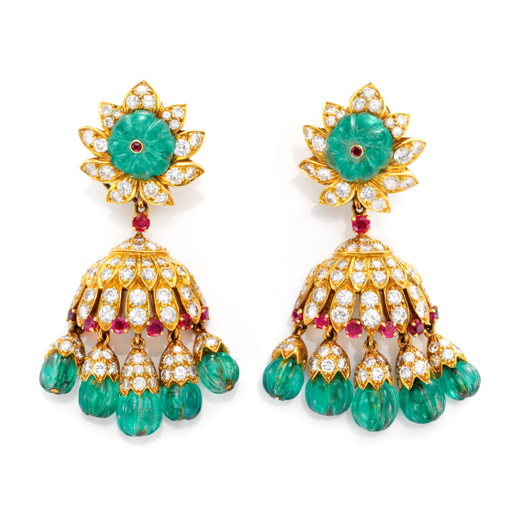 A Pair of Fluted Emerald Bead, Ruby and Diamond Ear Pendants, by Van Cleef & Arpels, circa 1963
